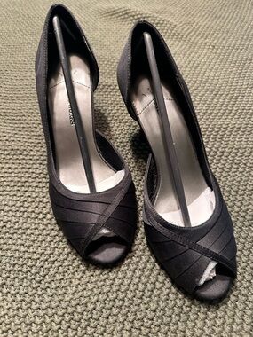 Studio Works Black Peep-Toe Satin Heels